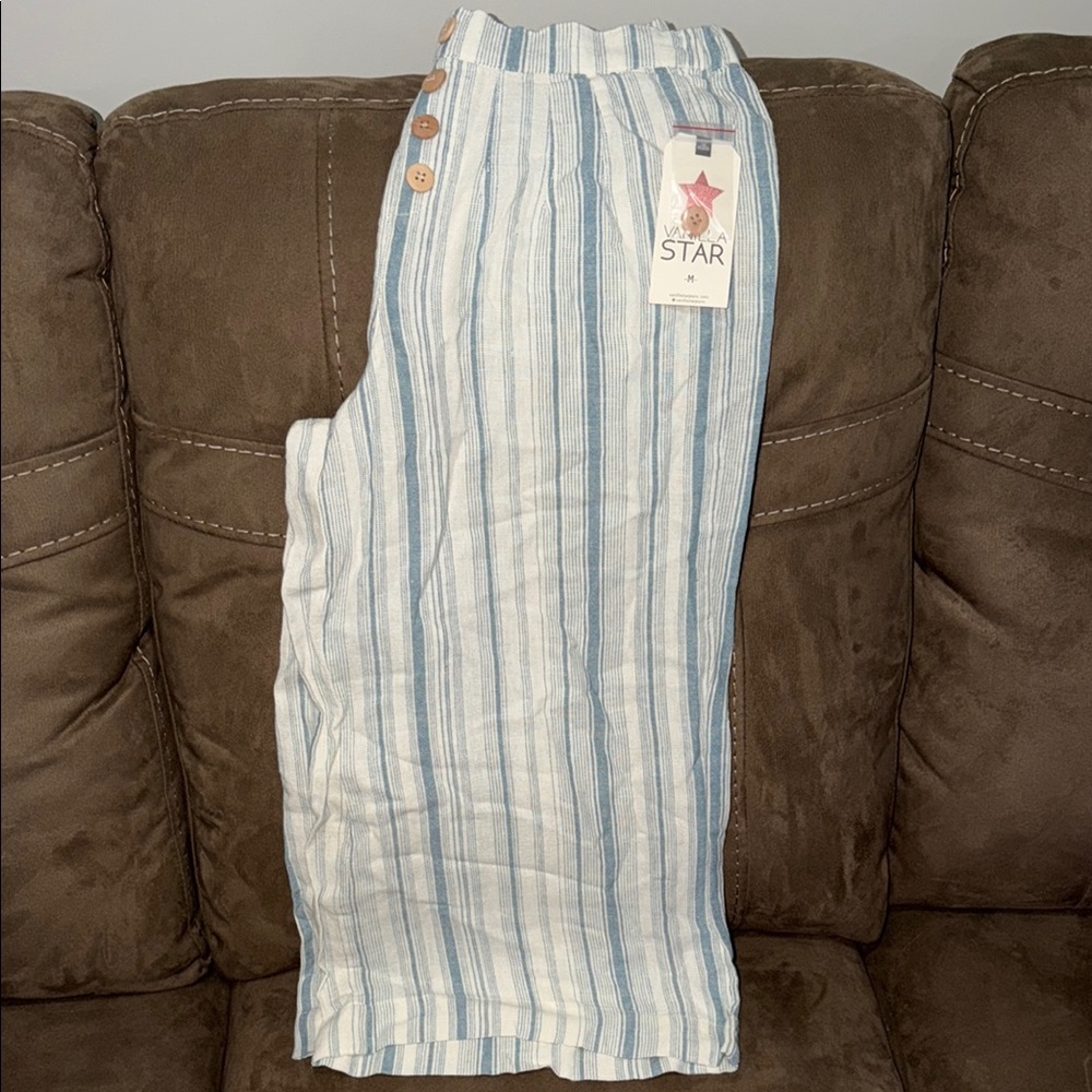 Vanilla Star Light Blue & White Striped Linen Blend Crop Pants